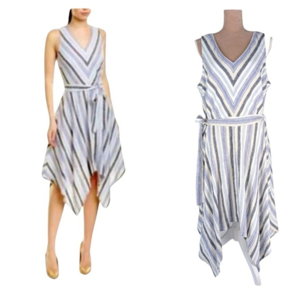 Sharagano Belted Asymmetrical V-neckline Striped Linen Sundress Size 14
